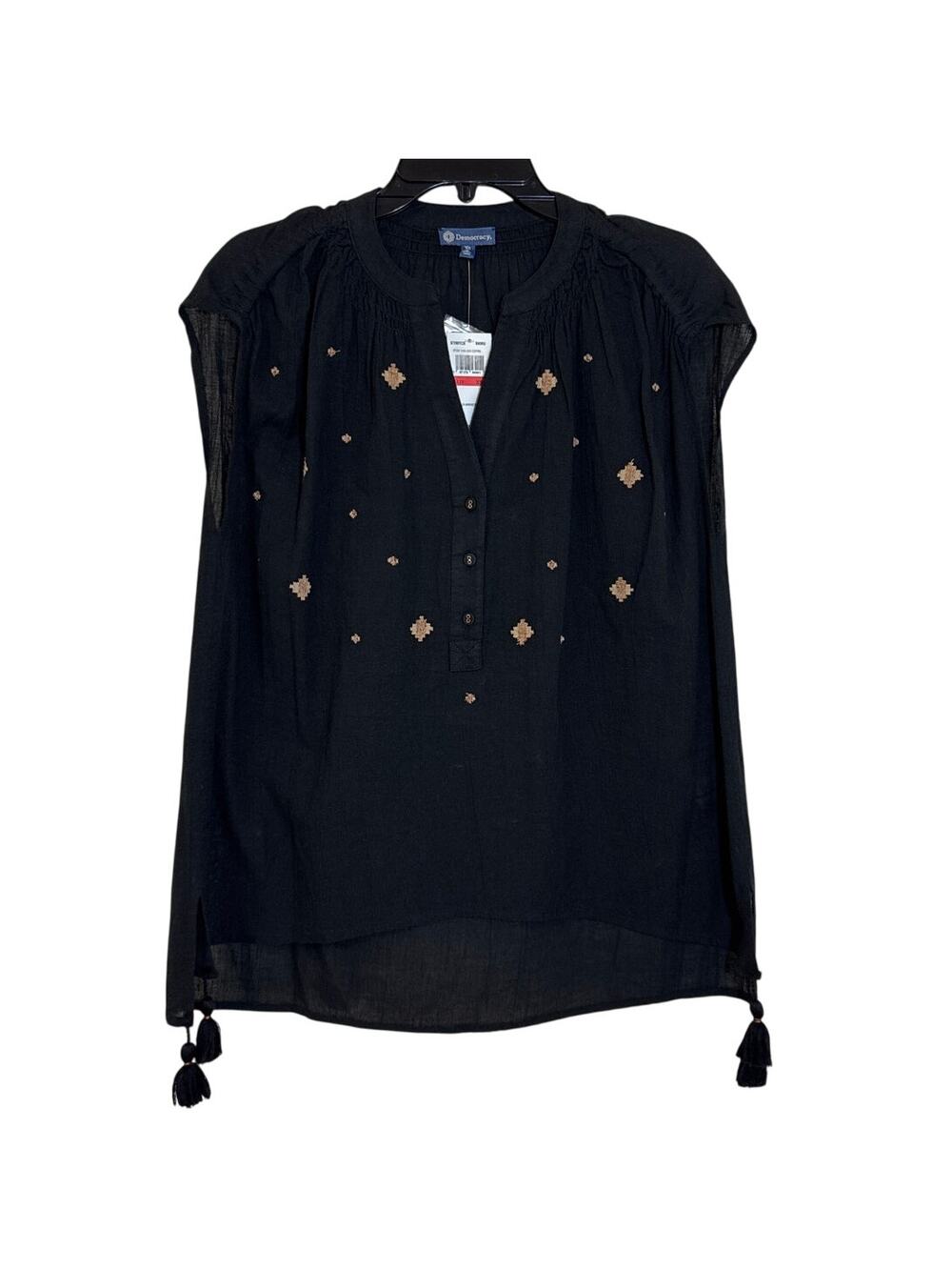 NWT Democracy XS Top Sheer Black Smocked Cap Sleeve High Low Hem With Tassels